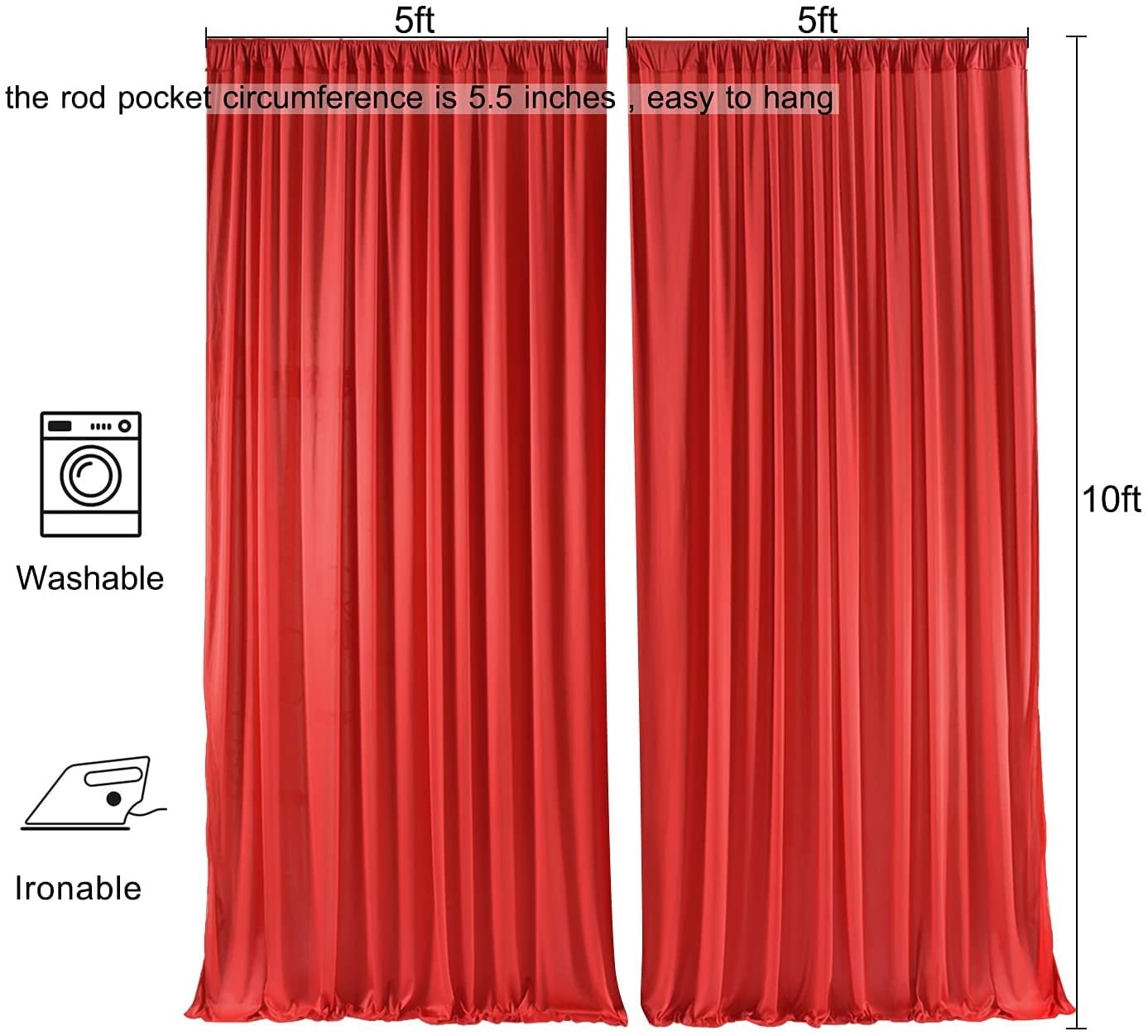 AK TRADING CO. 10 feet x 10 feet Polyester Backdrop Drapes Curtains Panels with Rod Pockets - Wedding Ceremony Party Home Window Decorations - RED (DRAPE-5x10-RED)