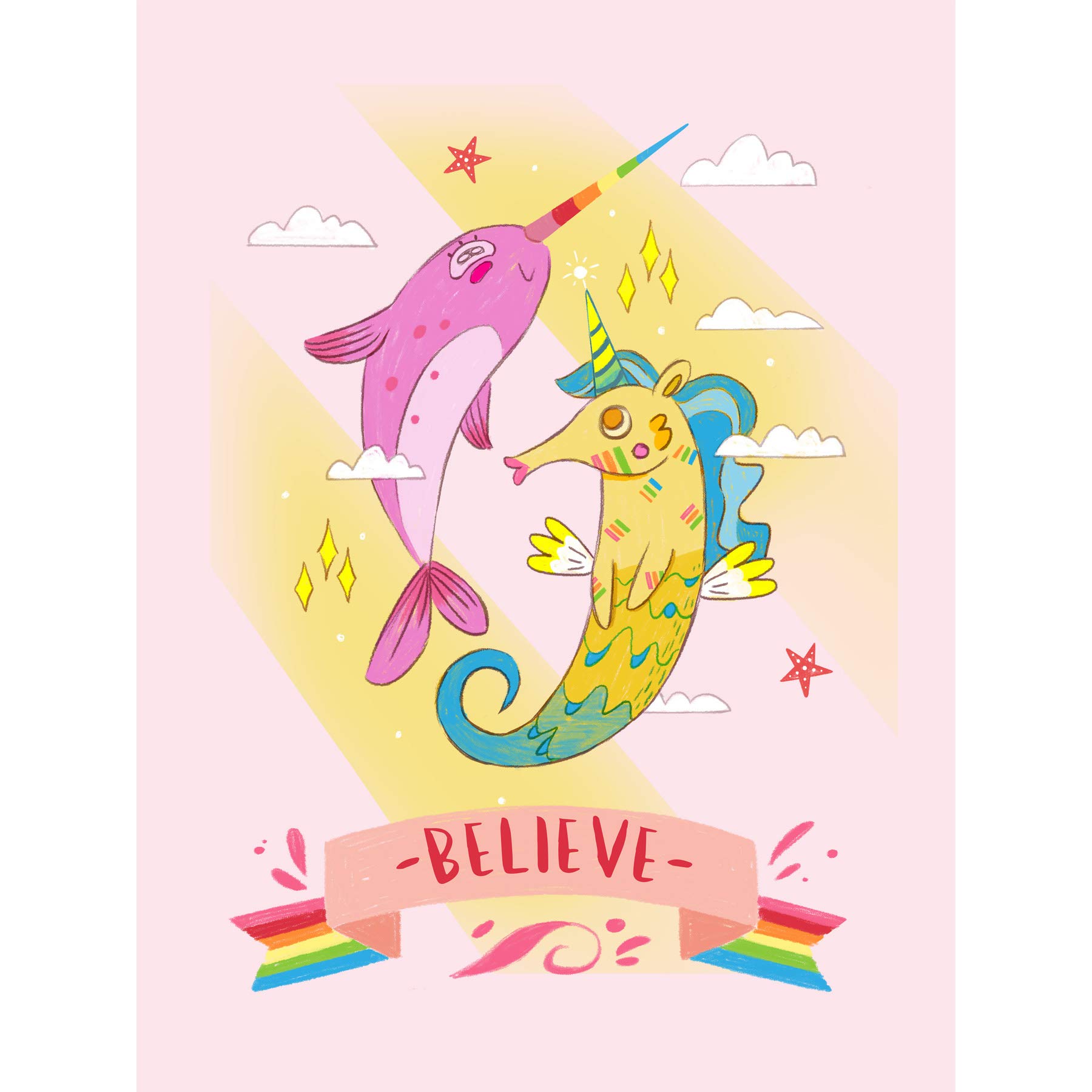 Wee Blue Coo Unicorn Seahorse Narwhal Believe Large Wall Art Print Canvas Premium Poster