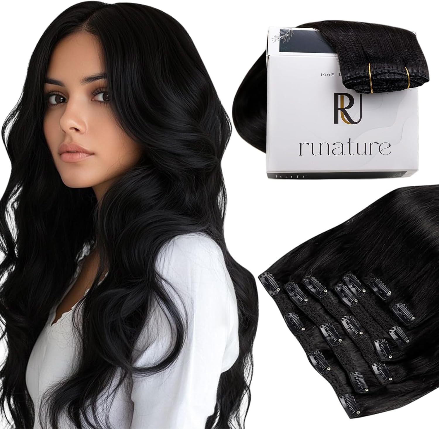 RUNATURE Clip in Hair Extensions Human Hair Off Black Clip in Extensions Real Human Hair Black Clip in Hair Extensions 12 Inch 80Gram 7pcs
