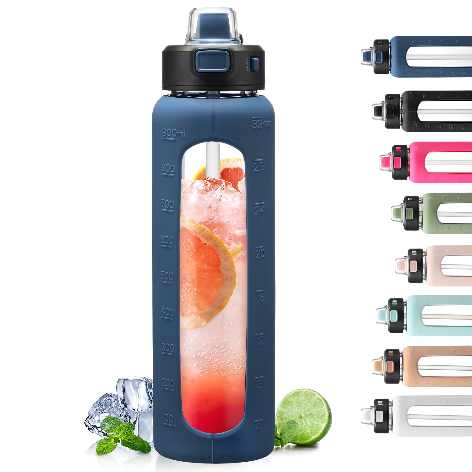 BLUEGO 900ml Glass Water Bottle with Handle and Straw Drinking Hydration Bottle with Silicone Sleeve and Time Marking Motivational Water Bottle for Gym Sports Outdoor Leak-proof,Dark Blue