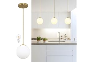 Bagood 8" Globe Pendant Light Gold Mid Century Modern Light Fixture Globe Pendant Lights Kitchen Island Milk Glass Pendant Light Brushed Brass Finished with Milk Glass Lampshade for Dining Room