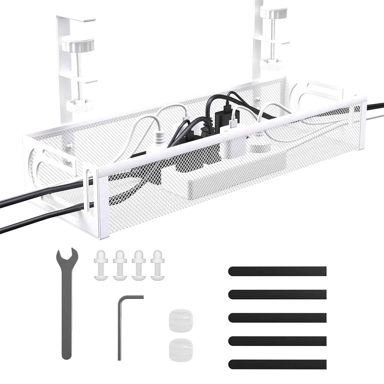 Mecmbj Under Desk Cable Management Tray, No Drill, Metal Mesh Wire Management Tray, Cable Management Under Desk with Clamp Mount, Cord Organizer for Office, Home(White 1,40 * 13 * 7cm)