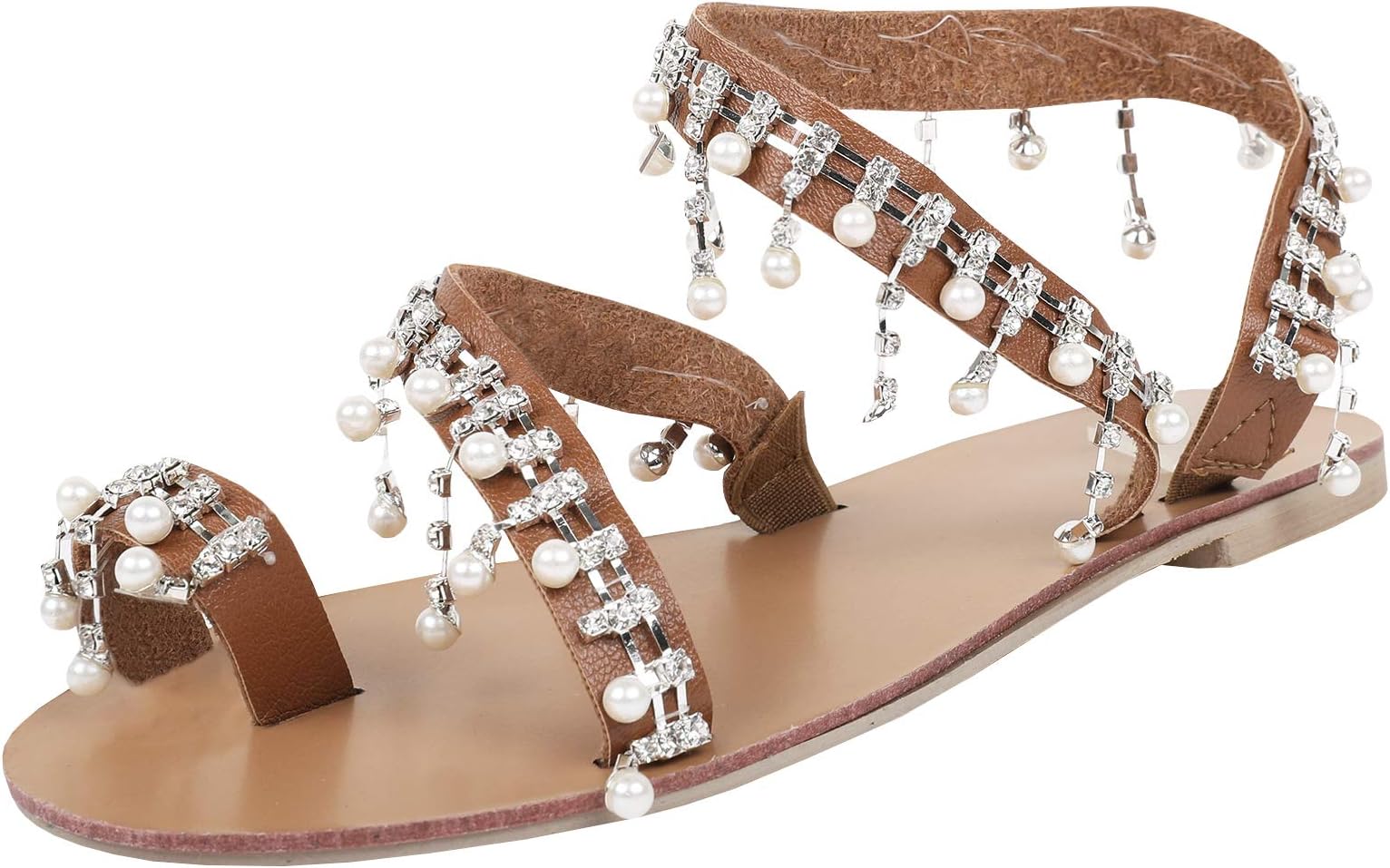 Liyuandian Women Bling Rhinestone Pearl Wedding Dress Thong Flat Sandals