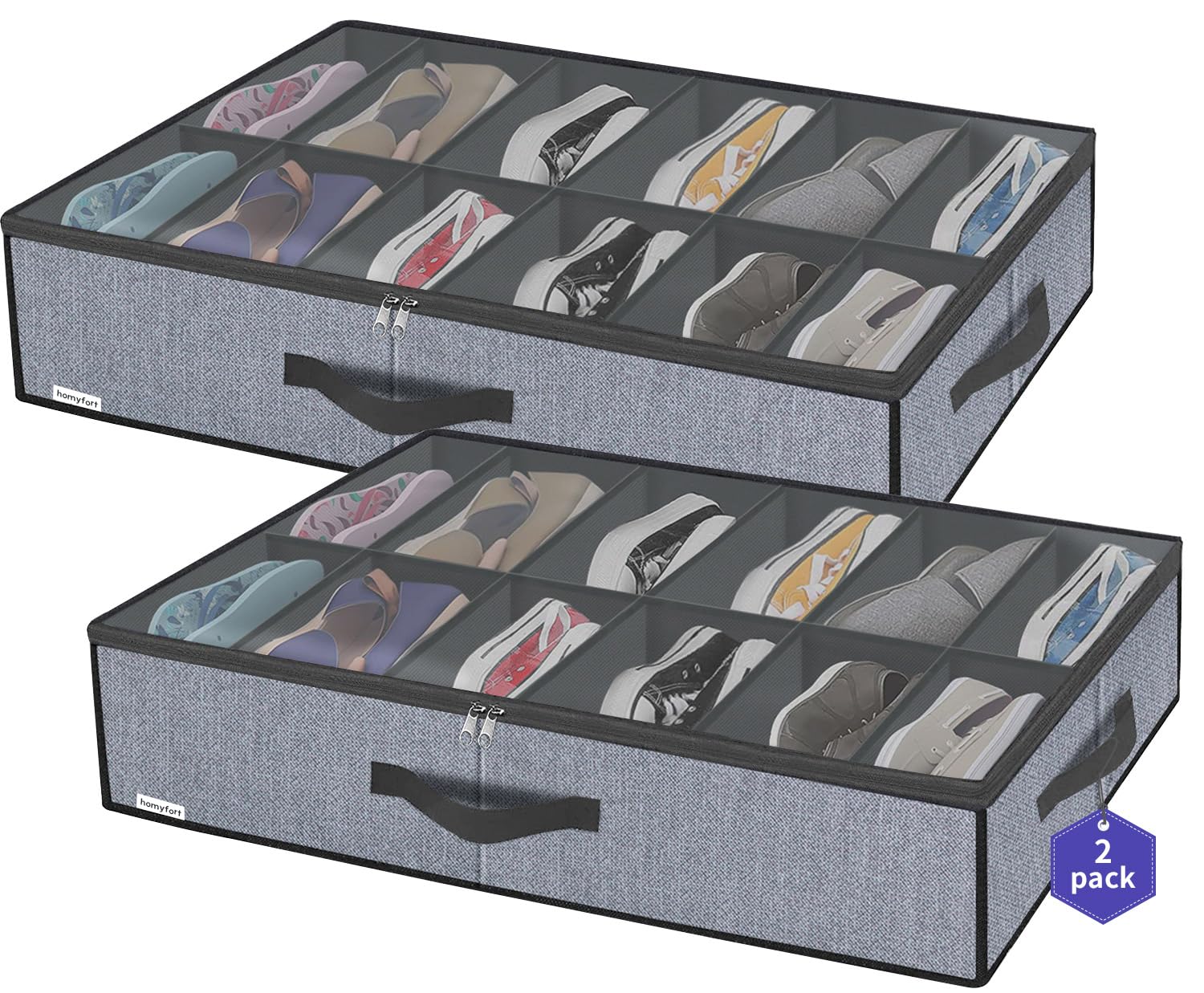 homyfort Large Heavy Duty Underbed Shoe Storage Bag with Clear Lid, Under Bed Shoes Tidy Organiser, Foldable Fabric Holder Closet, 12 Pockets x 2, 74.5x 60x 15cm, Linen-like Grey, XDUBSB2P