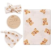 BabyWhale Muslin Swaddle Blanket with Hat and Headband Bow, Bear Pattern Swaddle Set for Baby Boys ＆ Girls, Newborn Breathable Receiving Blanket Wrap, Large 47x47 inches