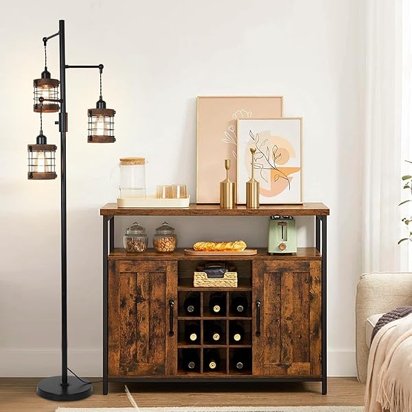 AIRPOSTA DIMMABLE FLOOR LAMPS FOR LIVING ROOM, 3-LIGHT INDUSTRIAL FLOOR LAMP WITH WOOD & METAL CAGE, FARMHOUSE STANDING LAMP TALL TREE LAMP FOR BEDROOM OFFICE, RUSTIC BLACK TALL FLOOR LAMP FOR CORNER