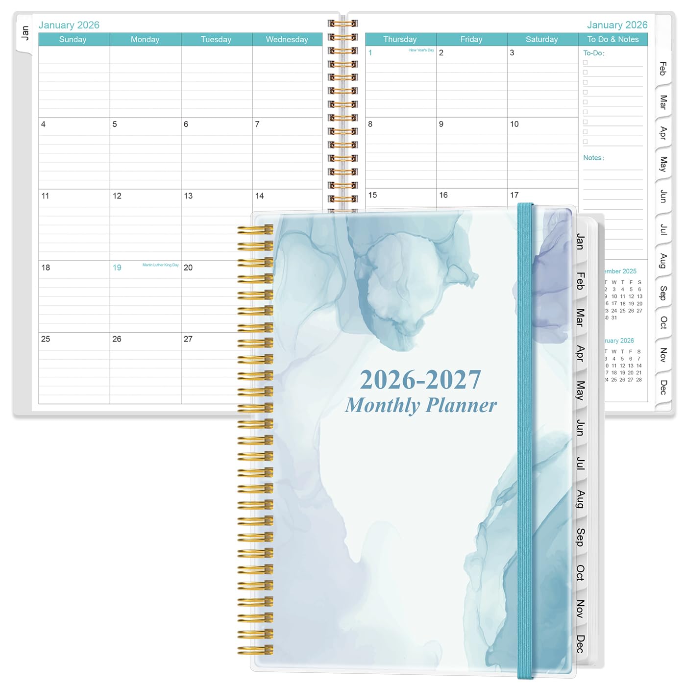 2024-2025 Monthly Planner - 18 Monthly Calendar, July 2024 - December 2025, Two Pages Per Month, 9" x11" Planner with Tabs, Strong Twin-Wire Binding, Inner Pocket, Blue Watercolor