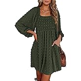 BTFBM Womens Long Sleeve Dress Vacation Square Neck Smocked Floral Swiss Dot Mini Boho Spring Wedding Guest Dresses 2026