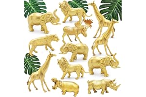 BOLZRA Metallic Gold Plastic Animal Figurines Toys, 12PCS Golden Safari Zoo Animal Figures, Jungle Wild Animals with Elephant, Lion, Giraffe for Baby Shower Decor, Safari Themed Birthday Party