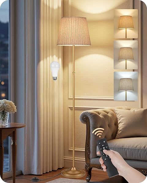 GOEBLESON DIMMABLE FLOOR LAMP FOR LIVING ROOM, 68″ TALL STANDING LAMP, READING LIGHT WITH REMOTE & FOOT PEDAL, 10W LED BULB (3000K-6500K) INCLUDED, FCC LISTED, REINFORCED BASE, GOLD AND BEIGE DE12LD05