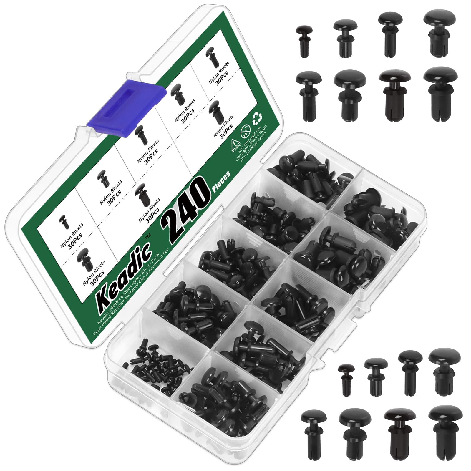 Keadic 240Pcs 8 Sizes Nylon Rivets Push Rivet Fastener Clip Assortment Set, Black, Car Bumper Door Trim Interior Panels