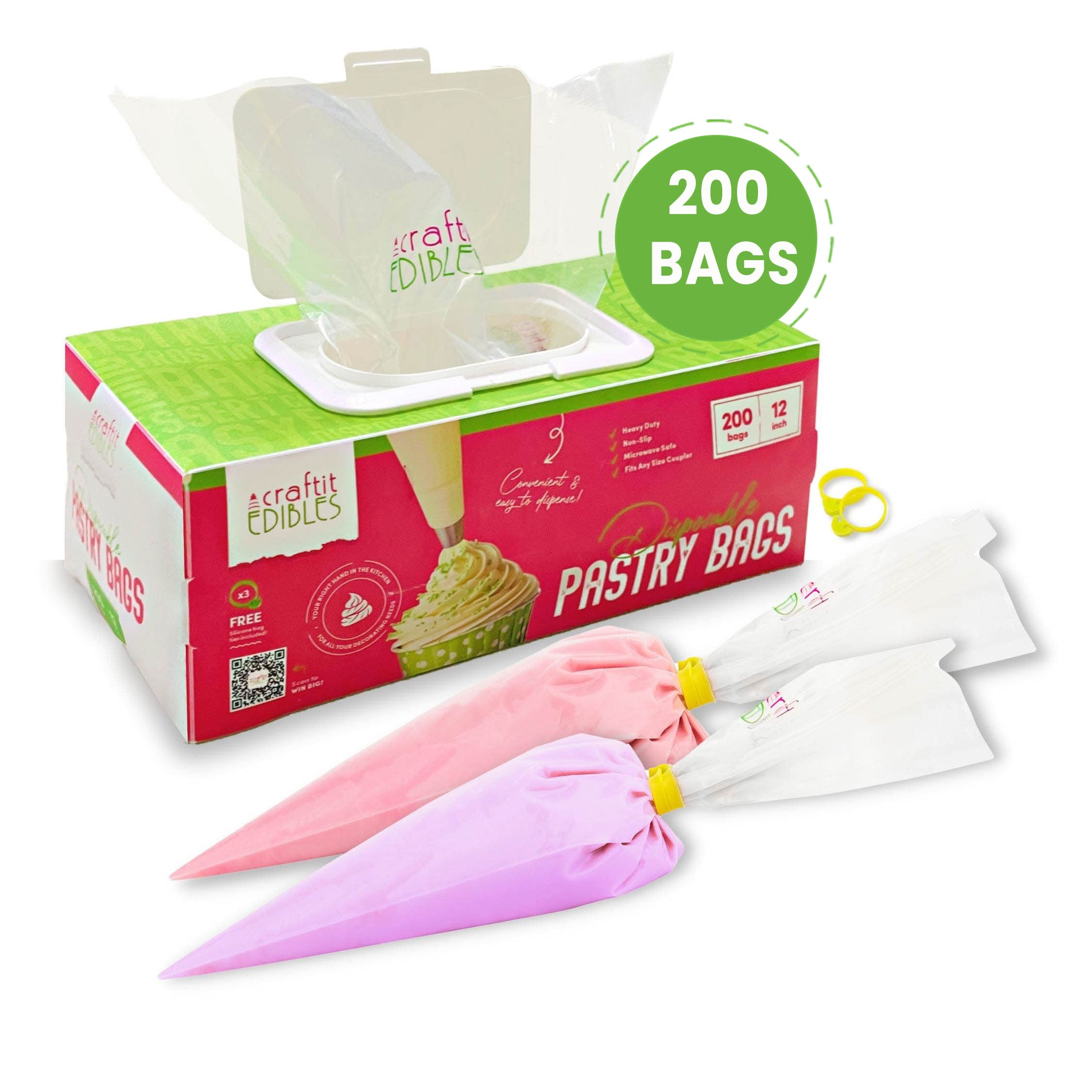 Disposable piping bags Small 12 Inch 200 Pcs pastry bags, in a hard-cover cake decorating dispenser. Incl. 2 icing frosting bag ties. Microwavable baking bag