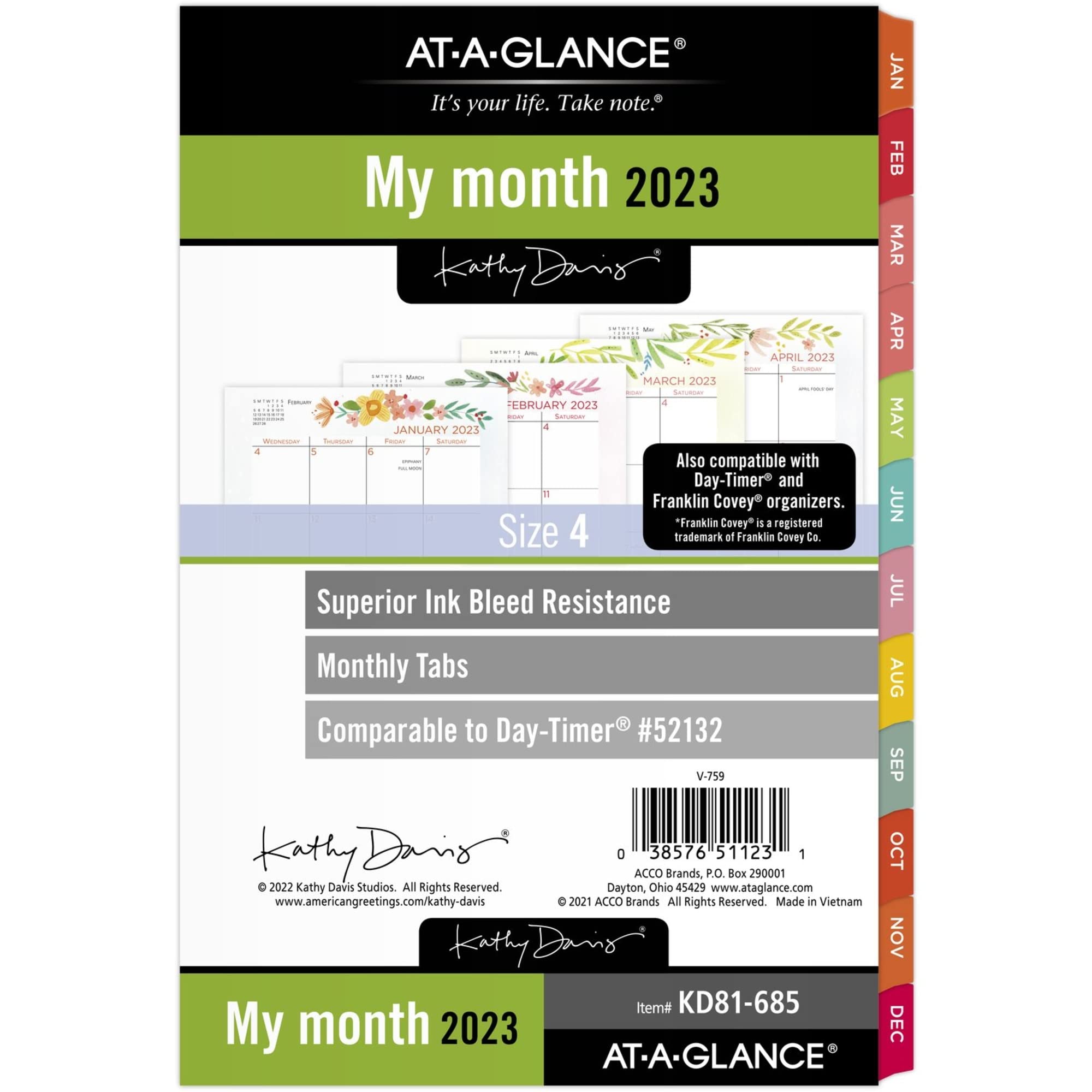 AT-A-GLANCE 2023 Monthly Planner Refill, 52132 Day-Timer, 5-1/2" x 8-1/2", Size 4, Desk Size, Monthly Tabs, Kathy Davis (KD81-685)