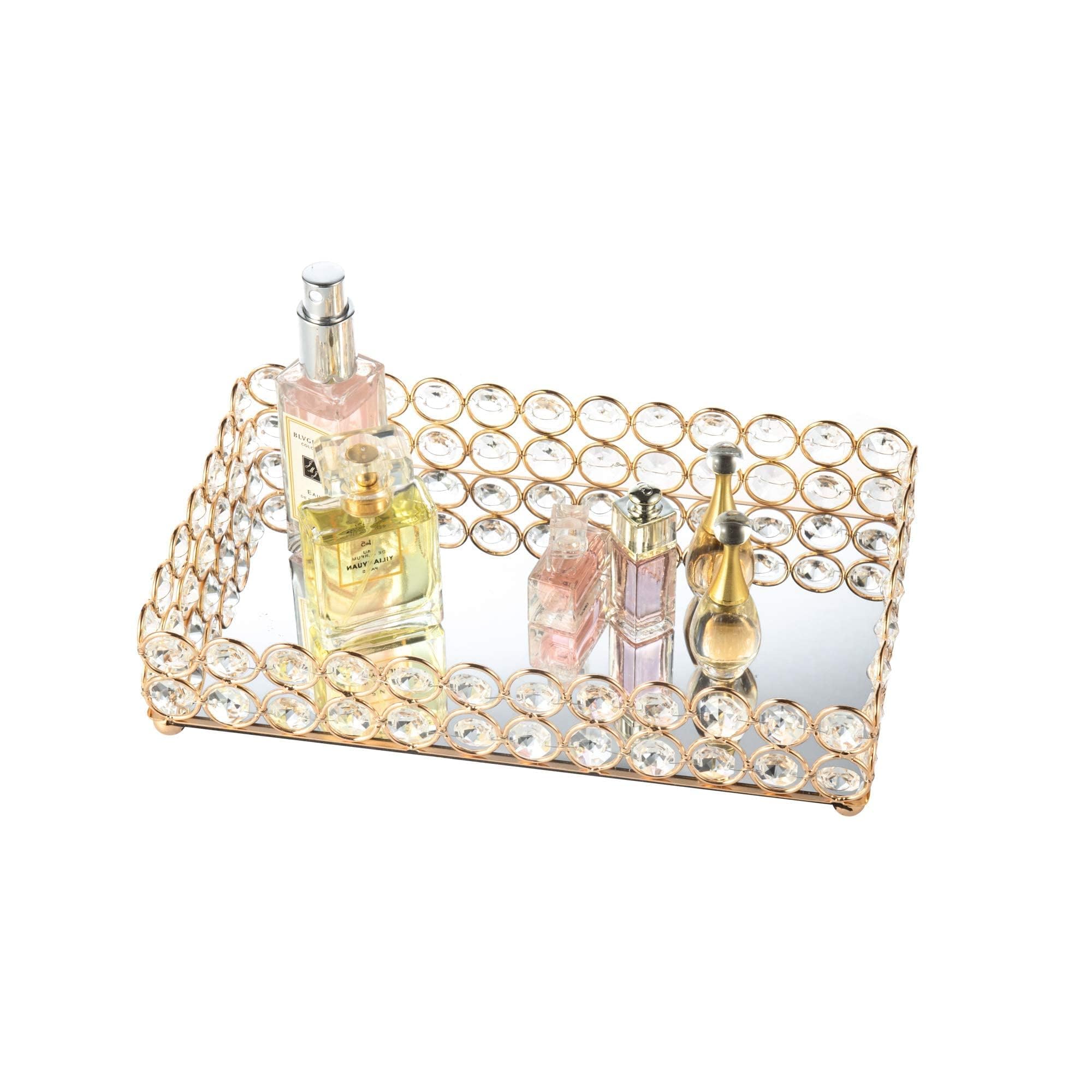 Photo 1 of Feyarl 10 Inch Crystal Cosmetic Perfume Tray Vanity Makeup Jewelry Trinket Organizer Mirrored Decorative Tray Storage Home Deco Wedding Dresser Birthday Gift (Gold)