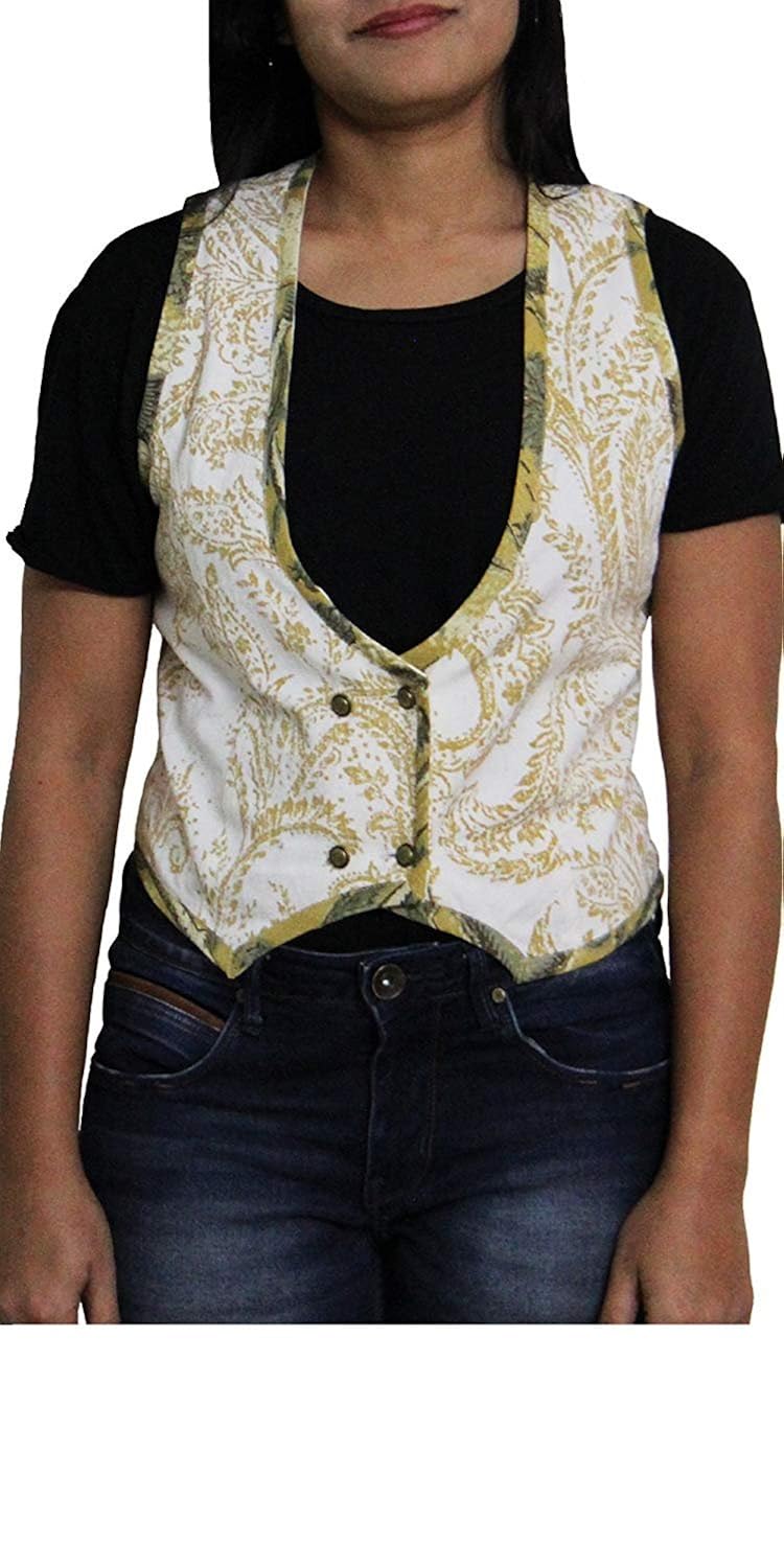 harbinger designs women's casual formal white cotton twill with gold paisley print sleeveless short vest jacket