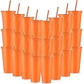 Amyhill 24 Pcs Reusable Cups with Lids and Straws 24 oz Glitter Iced Coffee Tumbler Plastic Travel Mug Cup for Smoothie Juices Birthday Sleepover Party Supplies for Girls(Fluorescent Orange)
