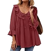 ZESICA Womens Scoop Neck 3/4 Length Sleeve Tops 2026 Casual Tie Front Ruffle Tiered Loose Tunic Shirts Blouses Fall Outfits