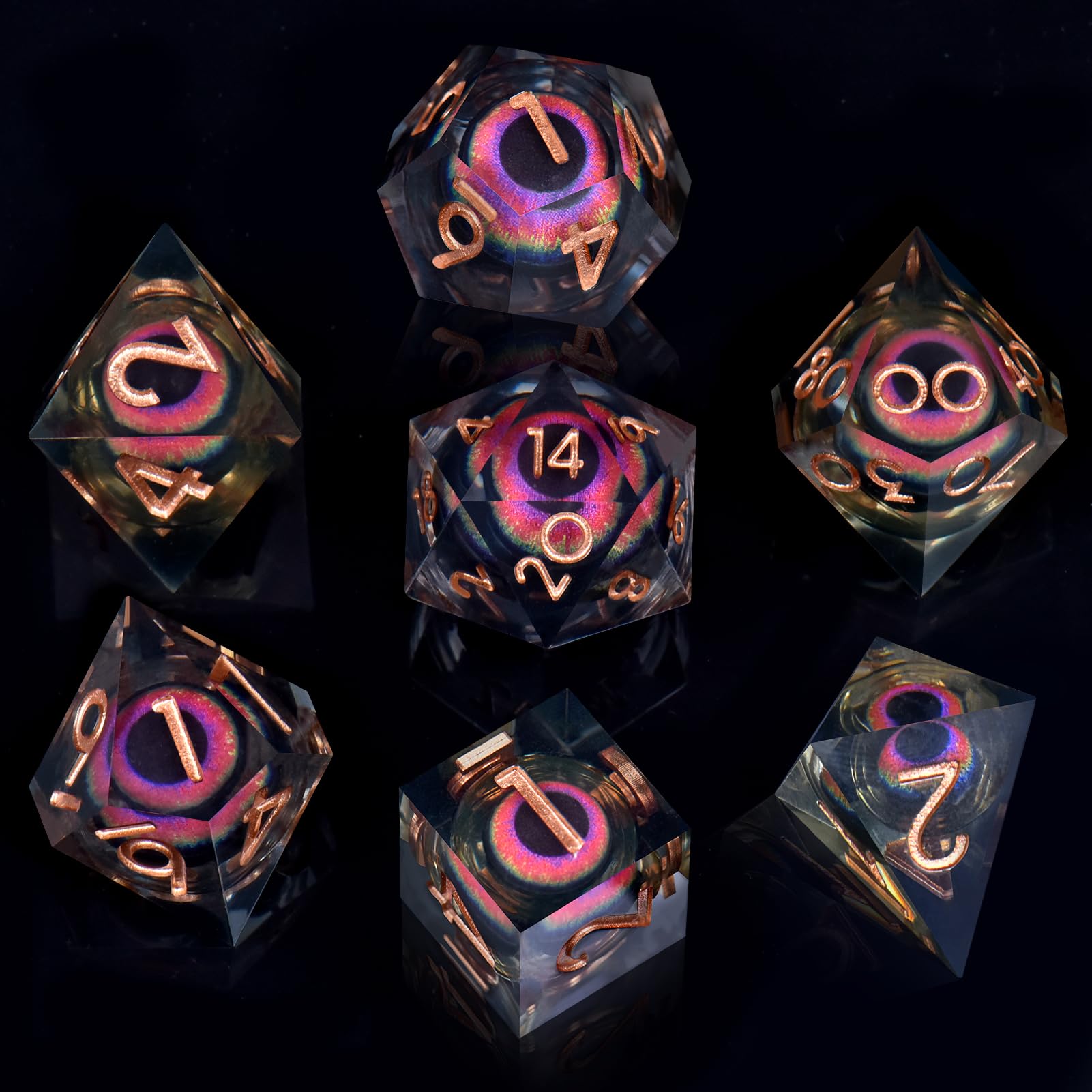 ORUZA 7 PCS Dragon Eye DND Dice Liquid Core D&D Dice Resin Sharp Edge Polyhedral D&D Dice Set for Dungeons and Dragons Role Playing Die D20 D12 D10 D8 D6 D4 D%