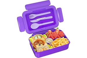 KEMETHY Bento Lunch Box for Kids, 4 Compartment Lunch Boxes Kids, Cutlery Storage Built-in Utensil set, Leak-proof, Thicken, Microwave/Dishwasher/Freezer Safe, BPA-Free, Purple