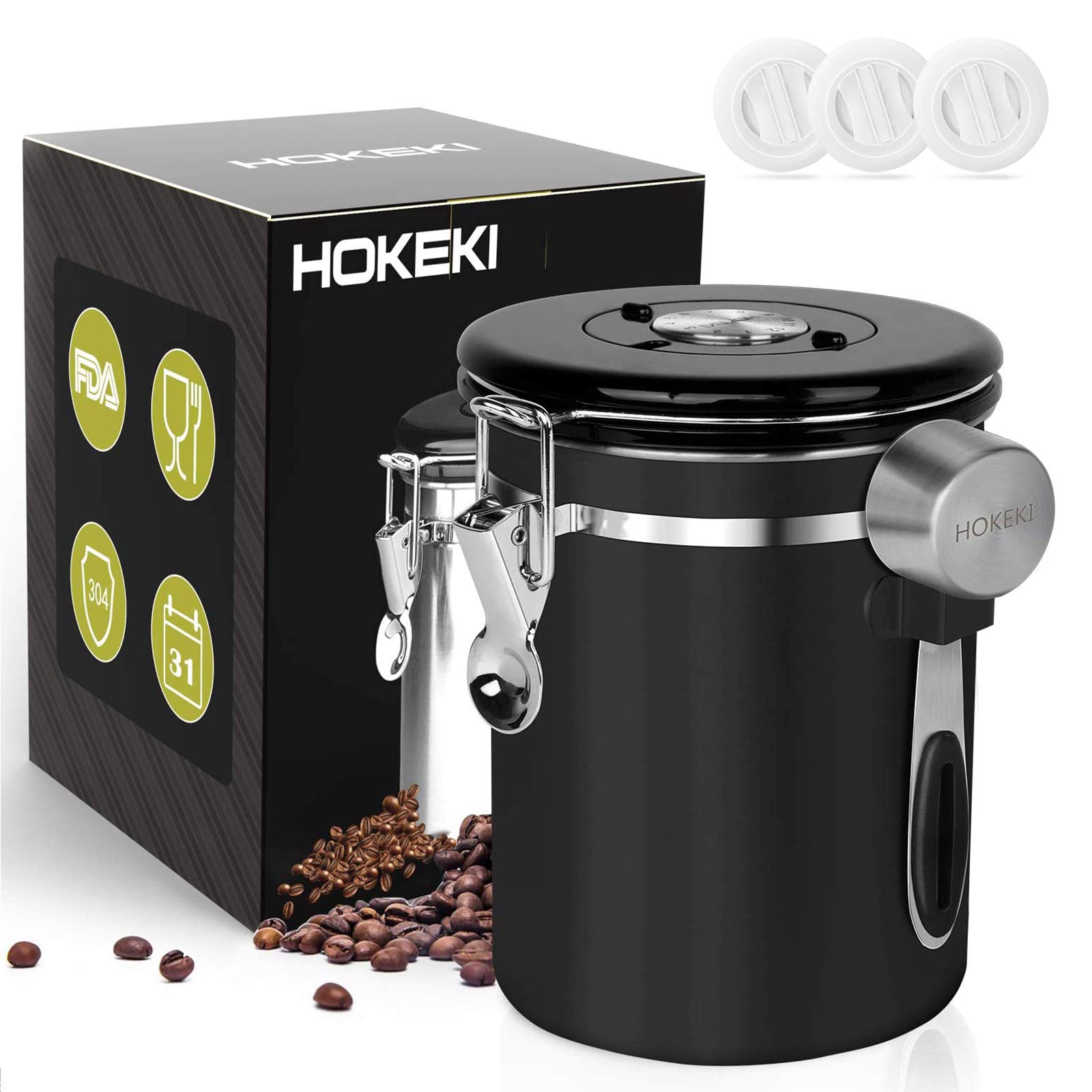 Airtight Coffee Canister, HOKEKI Stainless Steel Container for the Kitchen, Coffee Ground Vault Jar With One Way Co2 Valve And Scoop, Tea Coffee Sugar, Extra Coffee Spoon, 16 oz (Black)