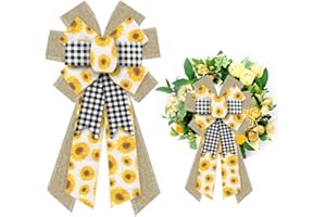 HEUREPPY Large Spring Wreath Bows Spring Sunflowers White Black Plaid Burlap Bows for Wreaths, Brown Linen Ribbon Bows Tree Topper Bows for Springtime Home Indoor Outdoor Decoration Wreath Ornament Supplies