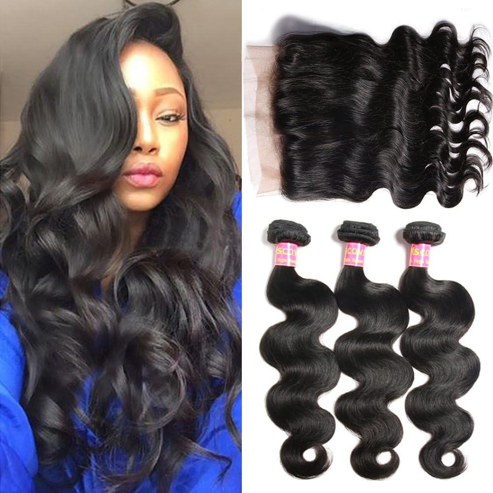 Mscove Hair 360 Lace Frontal with Bundles Body Wave Brazilian Virgin Human Hair Weaves 3 Bundles with 360 Lace Frontal Closure (18 20 22inch & 16inch)