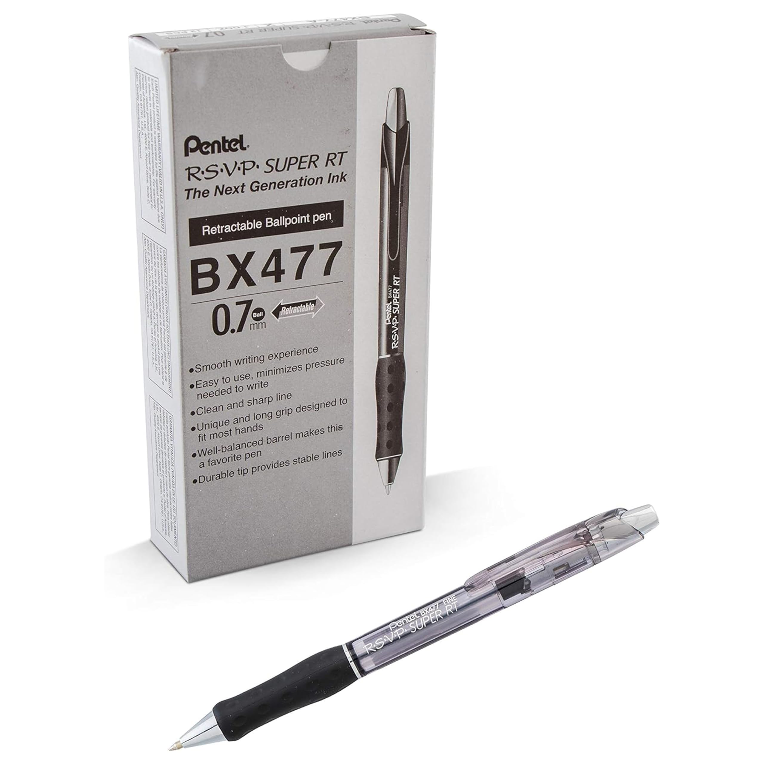 Photo 1 of Pentel RSVP Super RT Ballpoint Pen, (0.7mm) Fine Line, Black Ink, Box of 12 (BX477-A)