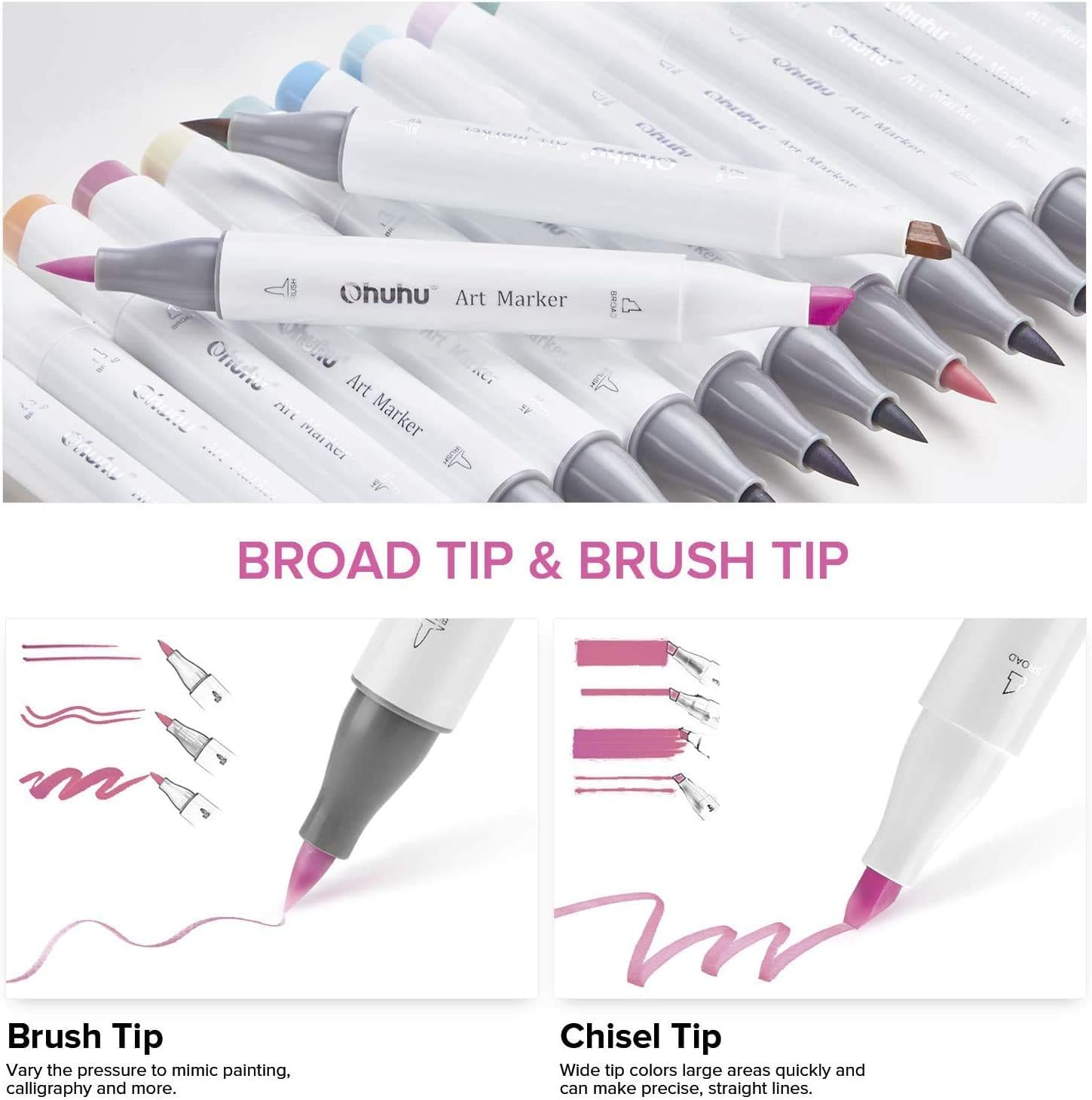 Ohuhu Pastel Markers, Ohuhu 48 Colors Alcohol Brush Markers Double Tipped Brush & Chisel Sketch Marker, Artist Art Markers Adults' Coloring Illustration, 1 Colorless Alcohol Markers Blender Included : Office Products
