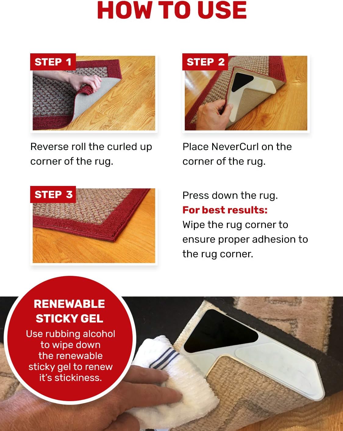 Grips The Rug with Nevercurl Includes 4" V Shape Corners with EVA Foam Tip for Easy Rug Lifting - Patented - Instantly Flattens Rug Corners and Stops Rug Slipping - Gripper uses Renewable Sticky Gel: Home Improvement
