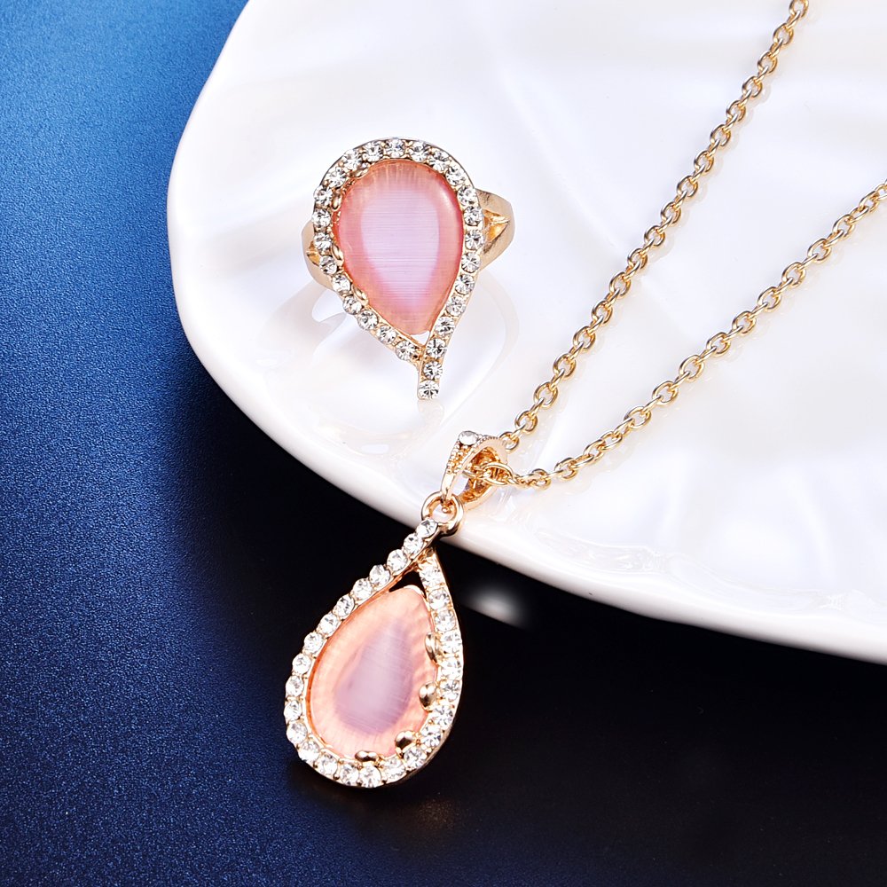 Rose Gold Crystal Jewelry Set Cute Women Pink Gems Necklace Earring Wedding Party Costume Accessories CZ Diamond - Ring#8