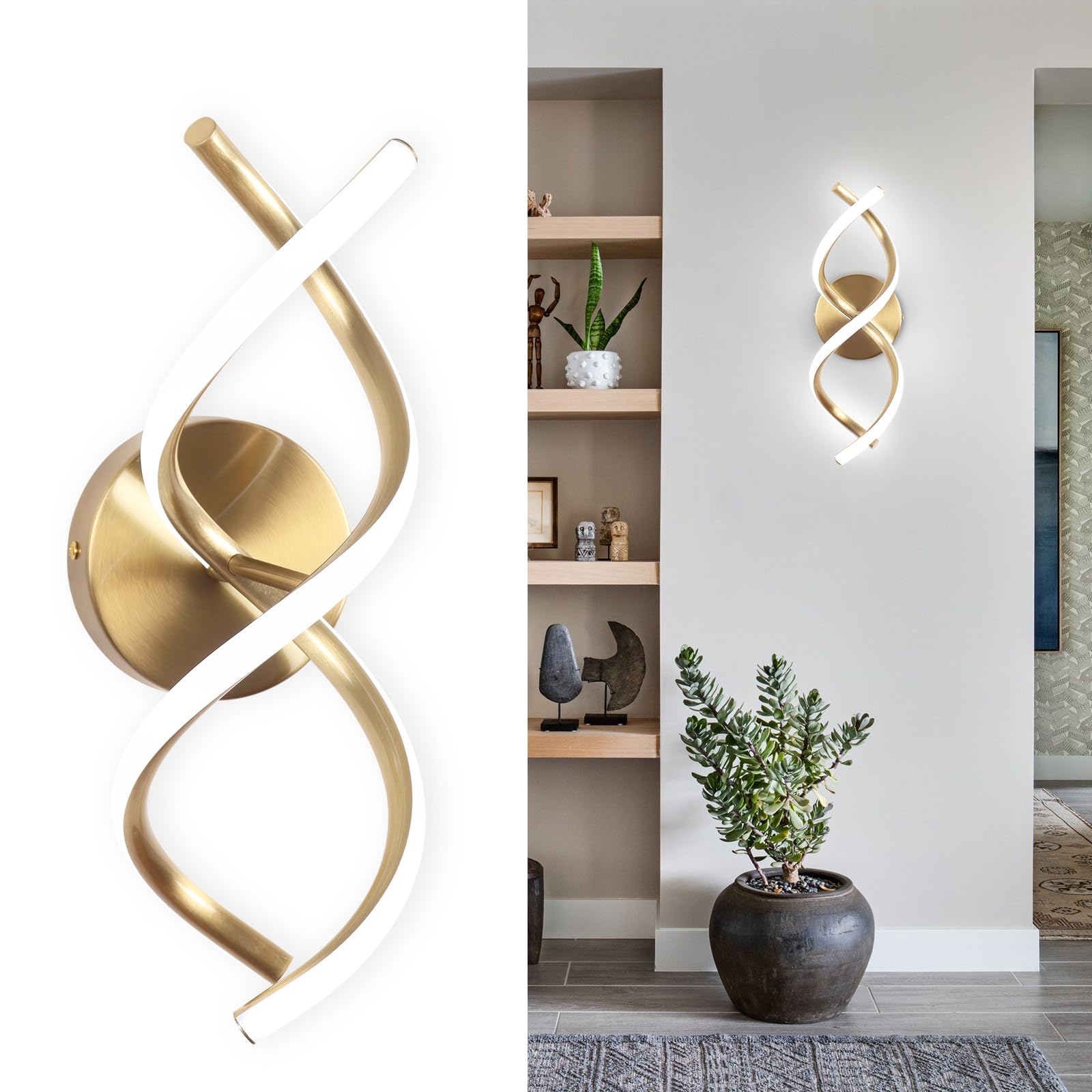 EIDISUNY Wall Lamp LED Gold Modern Elegant Spiral Indoor Wall Lights for Bedside Bedroom Living Room Hallway Wall Lighting Fixture Cool White Light 24W Gold