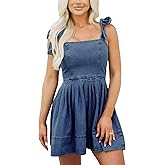 Women's Summer Tie Shoulder Sleeveless Denim Mini Dress Casual Flowy Swing Pleated Short Denim Dress