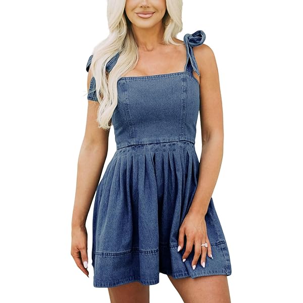 XMHSSFF Denim Dress for Women Summer Casual Tiered Ruffle Mini Jean Dress  Loose Flowy Swing Pleated Going Out Beach Vacation Dress-Blue|M at Amazon  Women's Clothing store