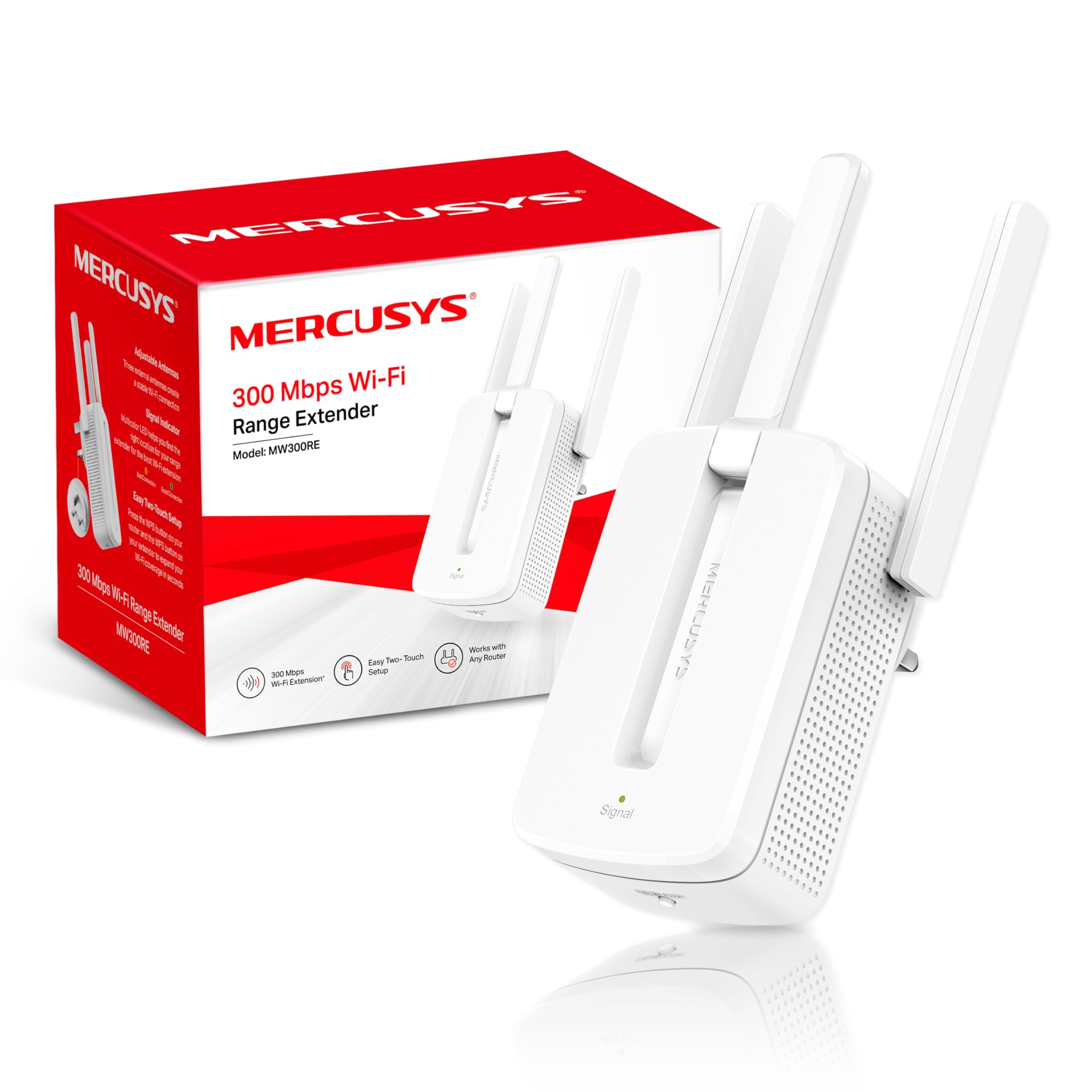 MERCUSYS MW300RE 300Mbps Wall-Plug WiFi Extender Booster, Whole Home Coverage WiFi Booster, 3 Mimo Tech Antennas, Eliminates Wi-Fi Dead Zones, Smart Signal Indicator, Easy Setup with WPS Button