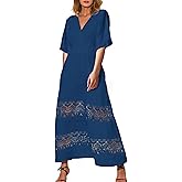 Anniente Women's Boho Maxi Dress Short Sleeve V Neck Long Flowy Dresses Smocked Waist Lace Wedding Guest Dress with Pockets