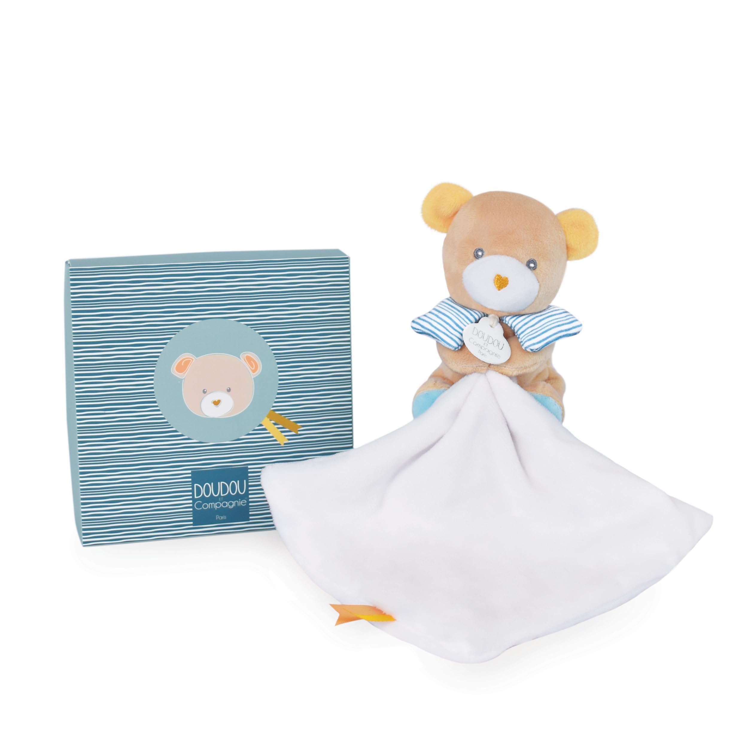 DOUDOU ET COMPAGNIE PARIS Maé the Bear Square Soft Toy | Allows you to attach dummy Impregnates baby's smell Different Textures Newborn Gift Idea Lost CE Standards