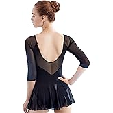 Daydance 3/4 Sleeve Black Leotards for Women, Skirted Ballet Dress Adult Dance Attire