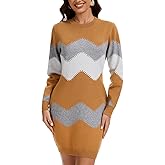 PEHMEA Women's Knitted Striped Bodycon Mini Sweater Dress Long Sleeve Crew Neck Fall Winter