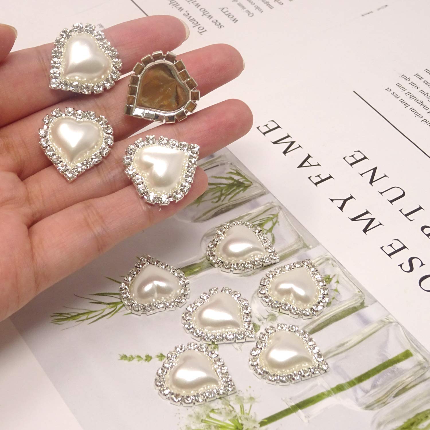 Honbay 10PCS 22mm x 23mm Flatback Heart Shaped Rhinestone White Faux Pearl Embellishments - Glue on