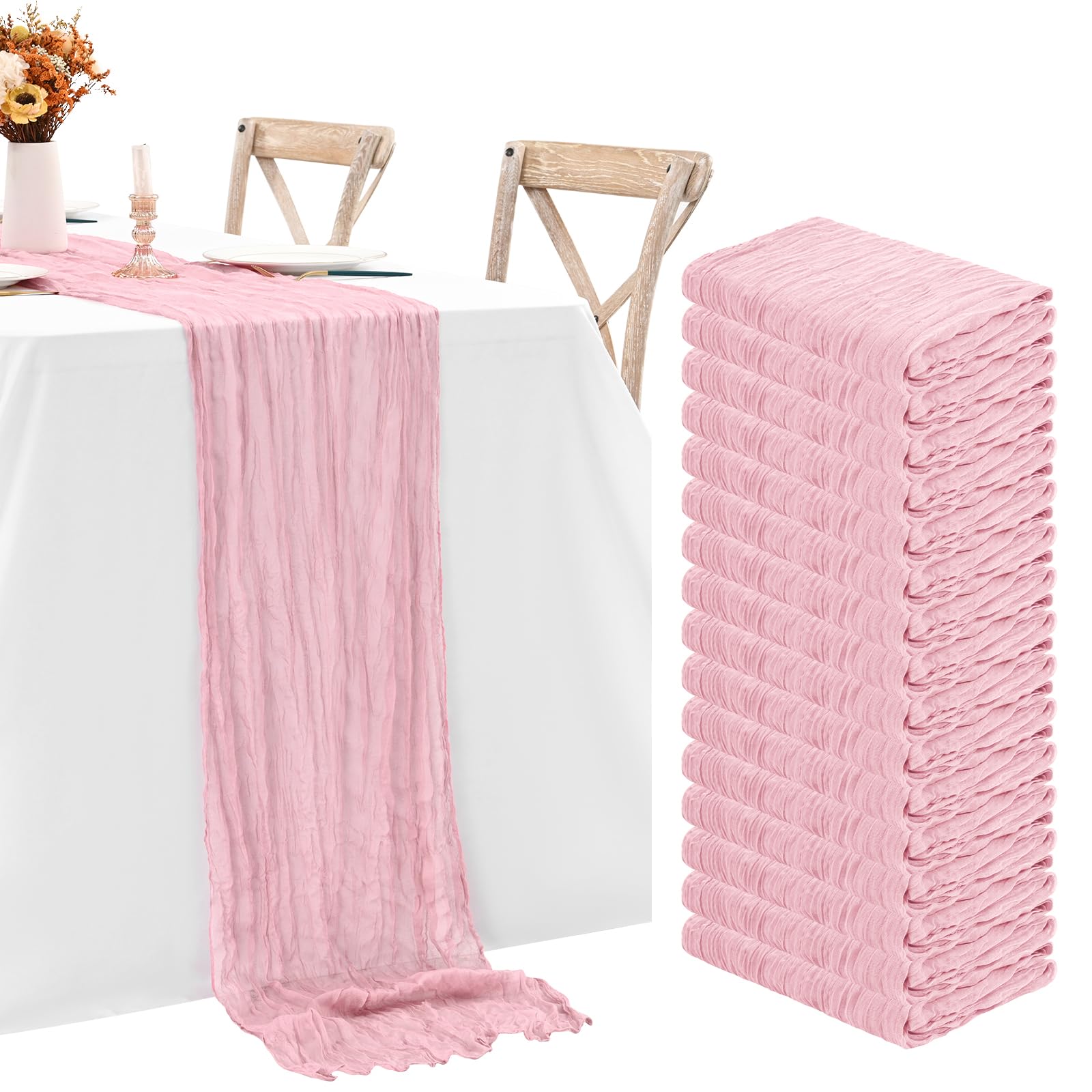 Photo 1 of 24 Pack Light Pink Cheesecloth Table Runner,10ft Gauze Table Runner Long Semi-Sheer Rustic Boho Table Runners for Wedding,Bridal Shower,Party,Banquet Decoration(21.5 x 120 Inch/Light Pink)
