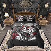 Erosebridal Gothic Skull Couple Full Comforter Set with Sheets 7 Piece Red Rose Skeleton Bones Bed in A Bag Sugar Skull Bedding Sets for Kids Adults,Goth Halloween Bed Set