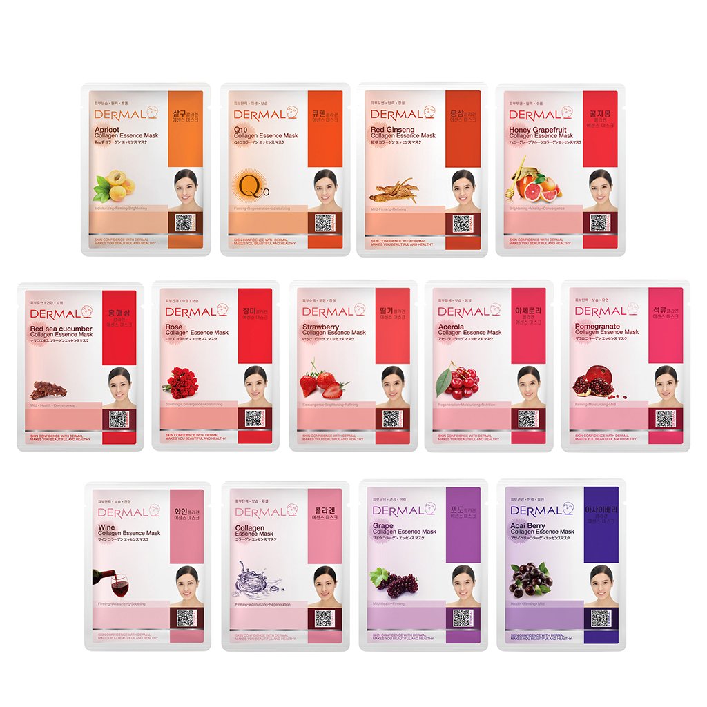 DERMAL 39 Combo Pack Collagen Essence Full Face Facial Mask Sheet - The Ultimate Supreme Collection for Every Skin Condition Day to Day Skin Concerns. Nature made Freshly packed Korean Face Mask : Beauty