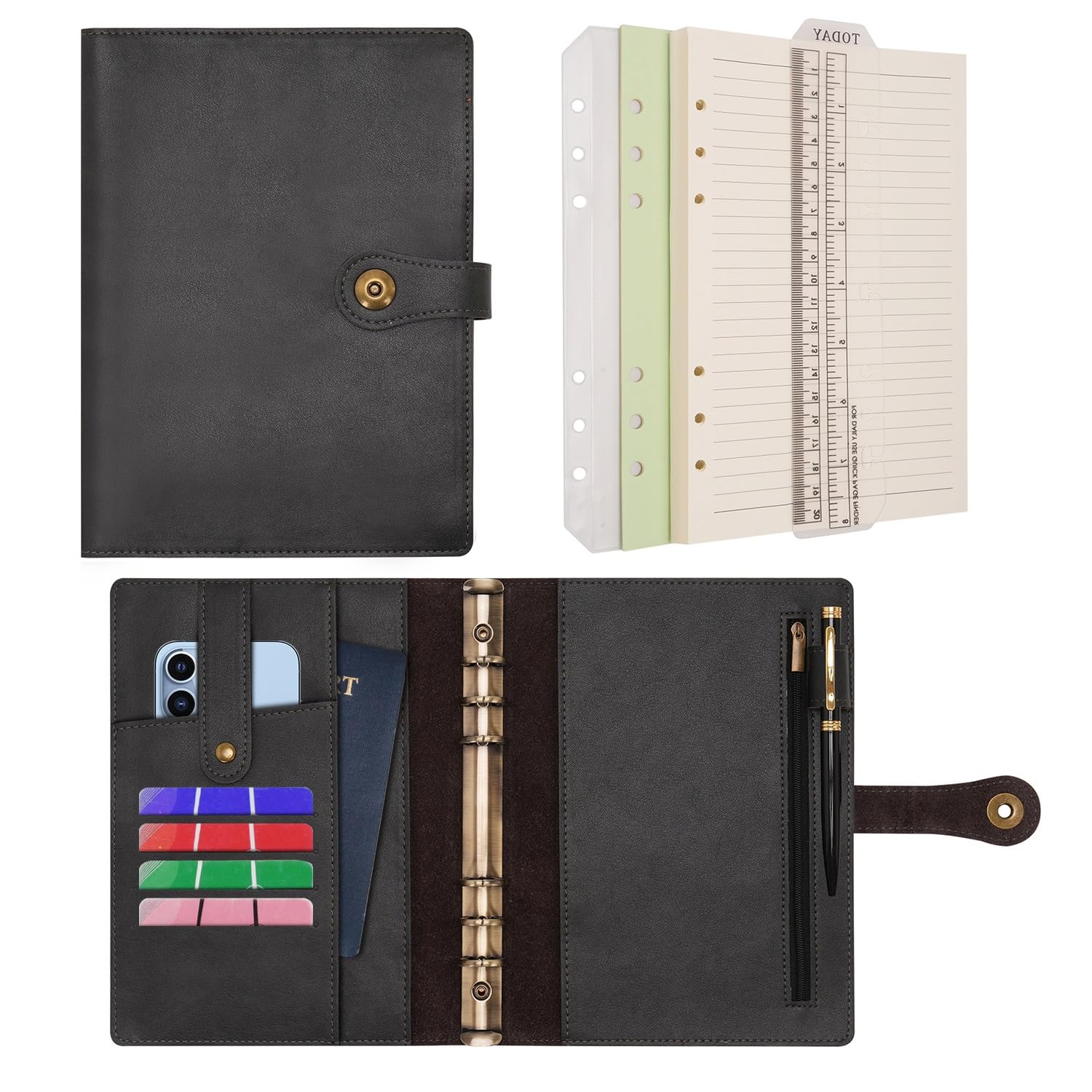 Wonderpool A5 Binder Travel Diary Journal Notebook, College Ruled Paper Refillable, Leather Budget Binder Rings Organizer with Pen for Office School Business Planning Writing (Black, A5)