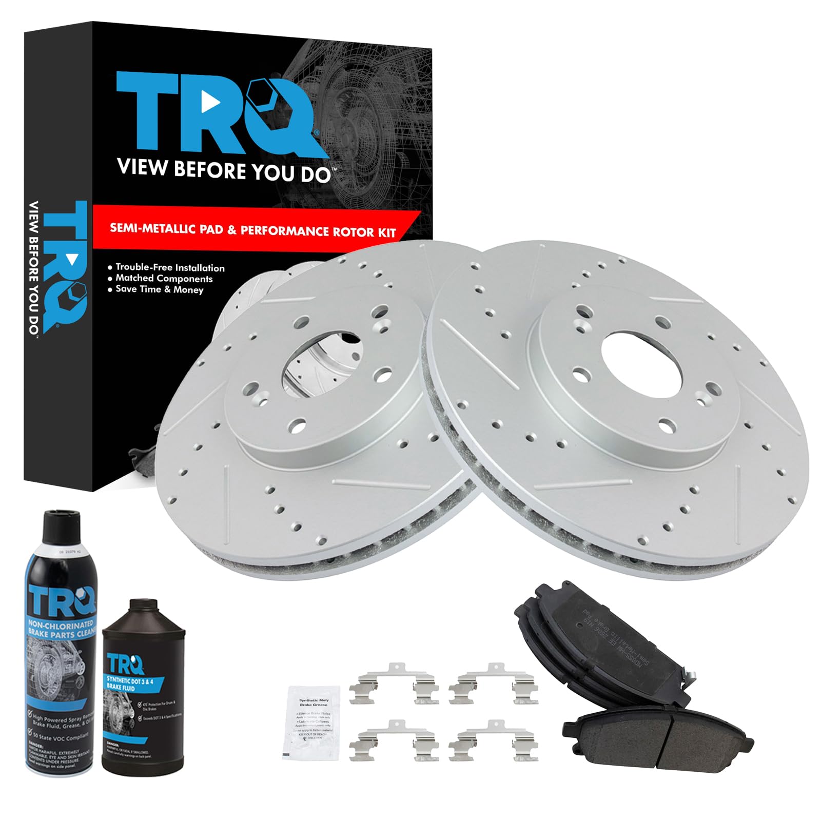 TRQ Front Performance Brake Pad & Rotor Kit Brake Chemical Kit Brake Pads Brake Rotors Set Semi-Metallic Compatible with 2003-2006 Acura MDX Image