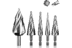 P.I.T. Four Spiral Flute Step Drill Bit Set 1/8" to 1-3/8"(44 Step), HSS Industrial Grade Unibit Step Drill Bits for Metal, Stainless Steel, Aluminum, Wood, Plastic with 1/4" Hex Shank Hole Drill Bit