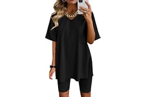 AGSEEM Two Piece Outfits For Women Summer V Neck T-Shirt Tops Biker Shorts Workout Sports Tracksuit