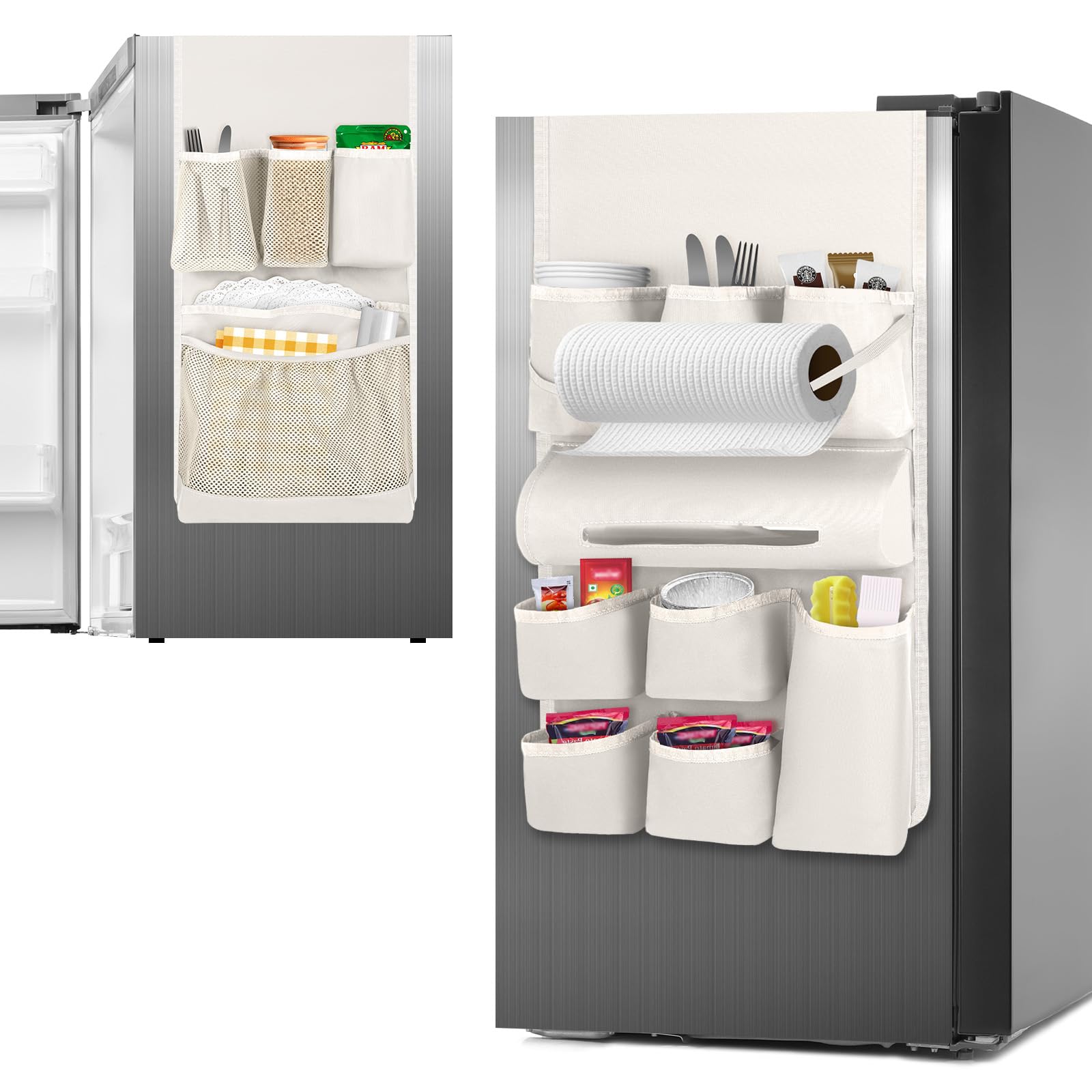 Photo 1 of Weysat Mini Fridge Organizer with 14 Pockets Dorm Essentials Dust Cover for Household Refrigerators Mini Fridge Hanging Caddy Organizer Storage Bag for Kitchen Dorm Office Home School(White)