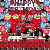 Spider Theme Birthday Party Supplies, Spider Party Decorations Including Birthday Banner, Backdrop, Hanging Swirls, Tablecloth, Balloons, Cake Toppers, Plates, Forks, Knives, Spoons for Spider Party