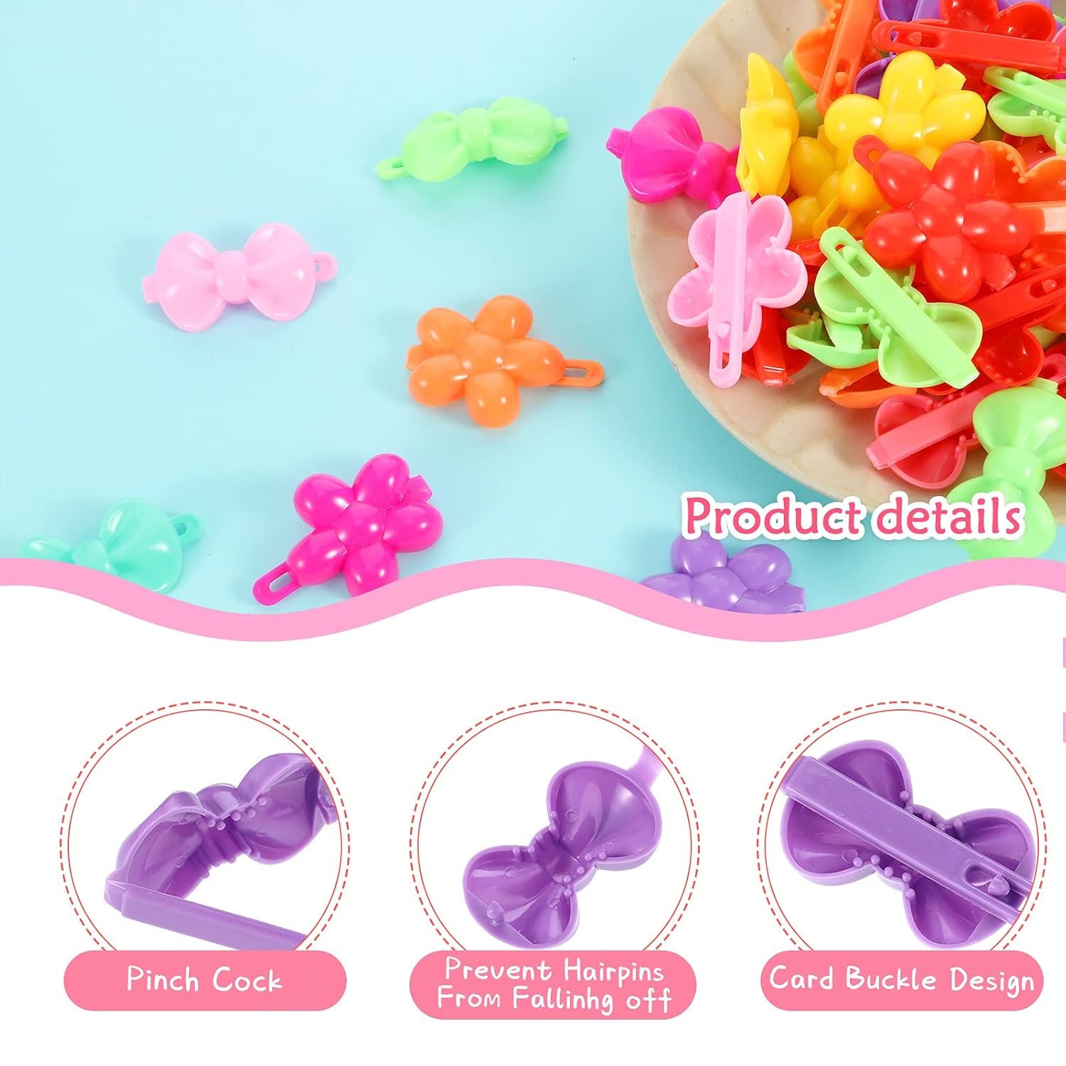 100 Pieces Self Hinge Barrettes Plastic Hair Barrette Girl Hair Clip Barrette Multi Design Cute Hair Barrette Selection Cartoon Design Hairpin for Girl (Plum Blossom, Bow) : Beauty