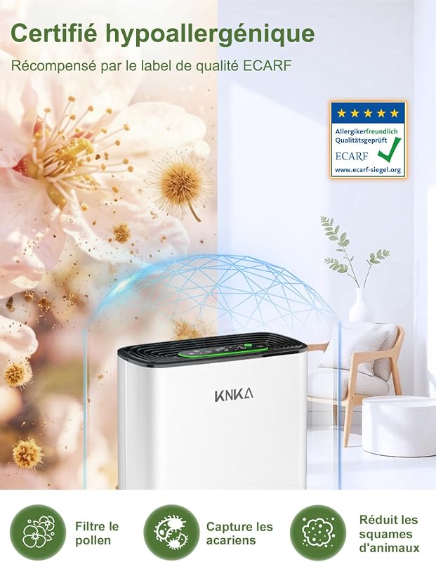 Purificateur d'Air, CADR 300 m³/h, jusqu'à 80 m², filtre HEPA, Blanc
